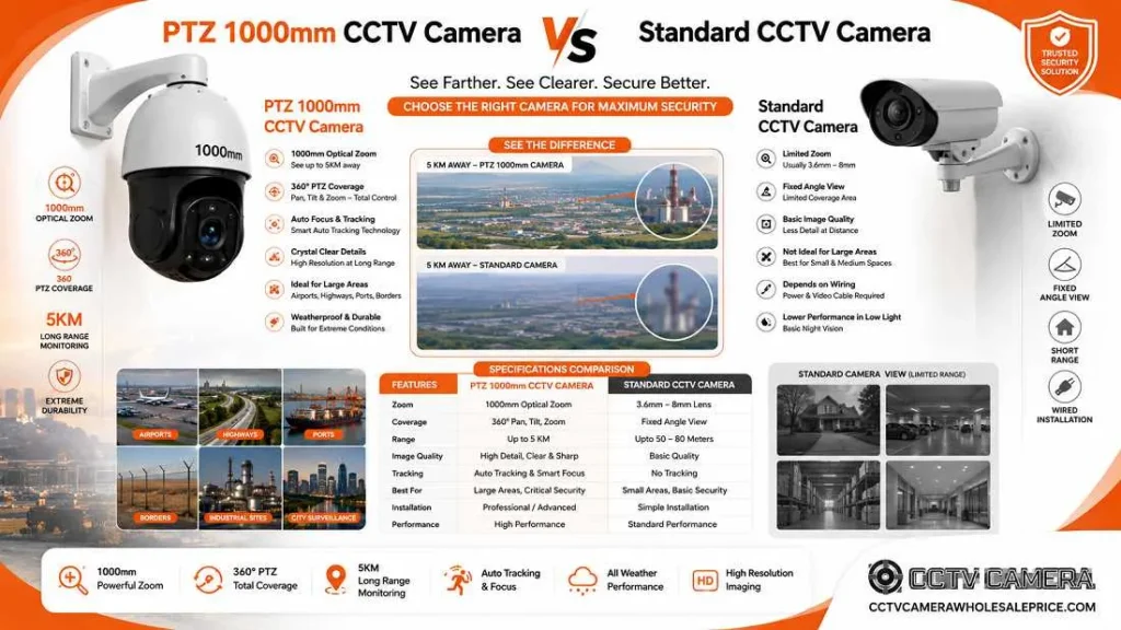 PTZ 1000mm CCTV Camera vs Standard CCTV Camera